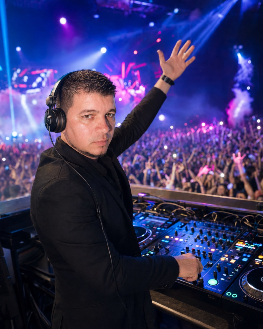 Baylon DJ con el brazo en alto ante el público